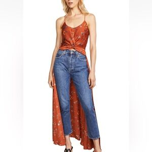 Caroline Constas Silk Cape Top Burnt Orange Floral Print Twist Tank Top Small